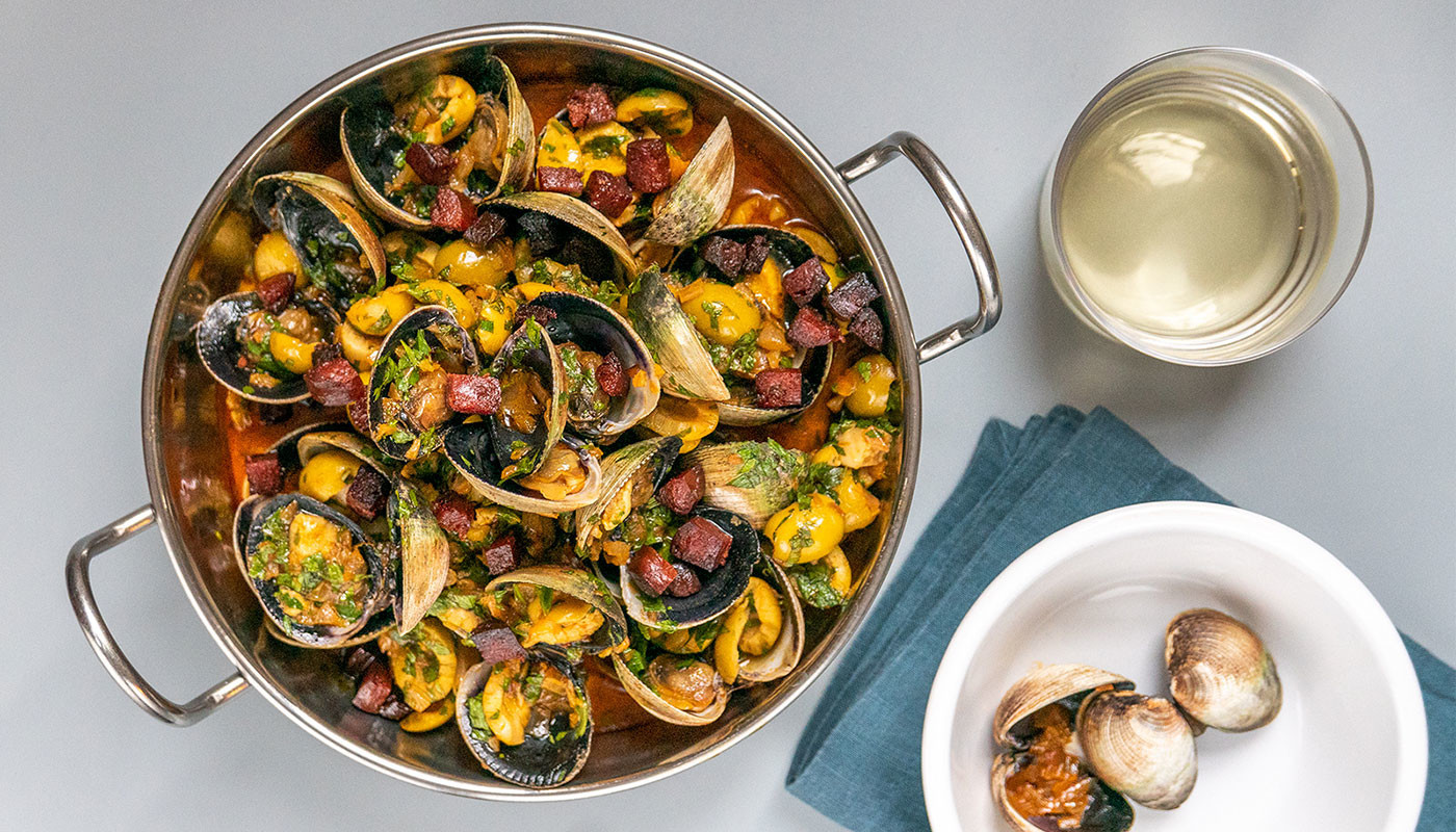 Steamed Cockles with Spanish Wine and Chorizo