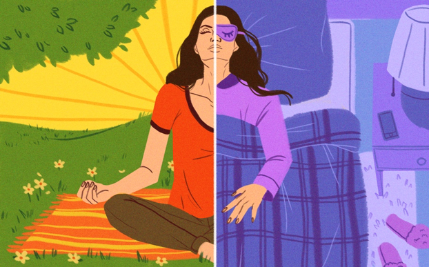 split illustration of woman meditating and sleeping
